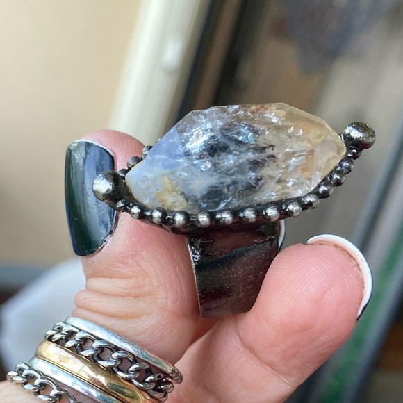 Natural phantom smokey crystal quartz gemstone adjustable ring boho goth - Picture 9 of 15